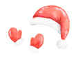 Watercolor Santa Claus red hat and mittens isolated on white background.