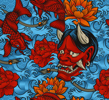 Yakuza Tattoo Seamless Pattern, This Design Can Be Used As A Print For Fabrics, Phone Cases, And Many Other Creative Products In The Japanese Style