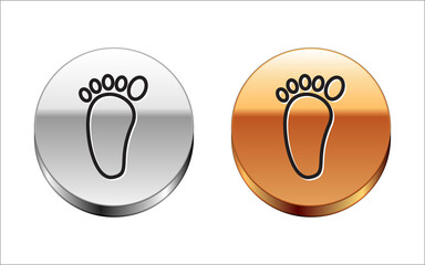 Sticker - Black line Foot massage icon isolated on white background. Silver-gold circle button. Vector