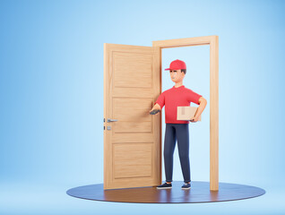 Wall Mural - Cartoon character courier man hold cardboard box and payment pos terminal at the door and wooden podium over blue background. Online shopping and delivery concept.