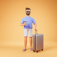 Cartoon Beard Character Man Tourist In Blue T-shirt White Shorts And Sunglasses With Suitcase Hold Coffee Over Yellow Background.