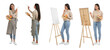 © New Africa - Young woman drawing on easel against white background, collage. Banner design