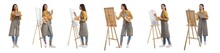 Young Women Drawing On Easels Against White Background, Collage. Banner Design