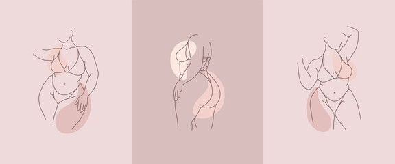 body positive art. beautiful curvy woman body line art illustration. minimalist linear female figure