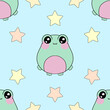 Cute kawaii pastel green and pink baby frog froggy and stars seamless pattern