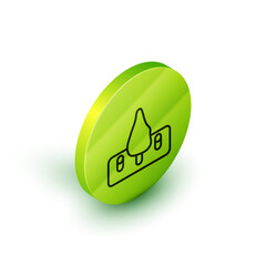 Sticker - Isometric line Deforestation icon isolated on white background. Chopping forest, destruction of wood. Danger for ecology and air pollution. Green circle button. Vector