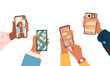 © OlyaOk - Set of hands holding smartphone flat vector Illustration. People use smartphones, surfing in social media. Boy and girl chatting, using navigation, watching video, liking photos, talking in mobile app