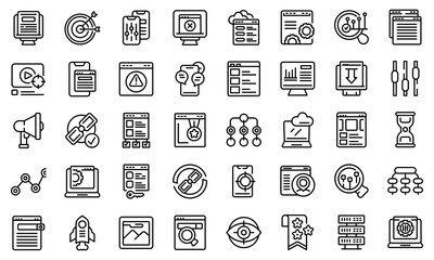 Sticker - Search engine optimization icons set. Outline set of search engine optimization vector icons for web design isolated on white background