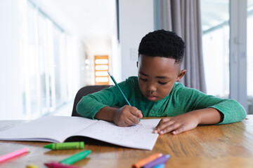 Wall Mural - African american boy in online school class, writing in his notebook