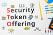Concept sto or Security Token Offering with abstract icons.