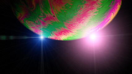 Wall Mural - Globe light. Abstract galaxy background with planet earth in universe space with sunlight on dark background. Fantastic structure of colorful bubbles.