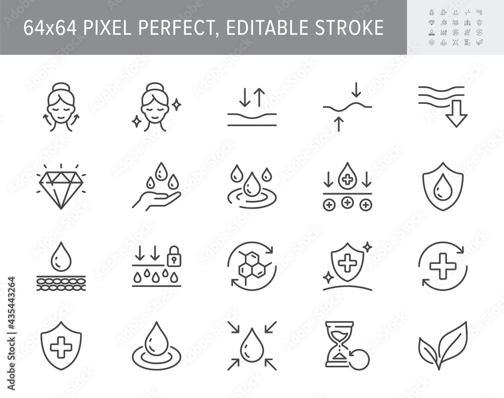 Cosmetic properties line icons. Vector illustration include icon - shield, face lifting, collagen, dermatology, serum outline pictogram for skincare product. 64x64 Pixel Perfect, Editable Stroke - obrazy, fototapety, plakaty 