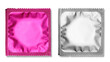 Close up of a pink condom on white background, wrappers in square and rectangle packaging on white background - Clipping Path.