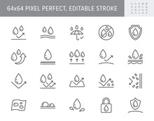 Waterproof Line Icons. Vector Illustration Include Icon - Shield, Hydrophobic Material, Membrane, Umbrella, Oleophobic Outline Pictogram For Anti Water Protect. 64x64 Pixel Perfect, Editable Stroke