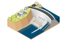 Hydro Power Plant, Dam With Hydro Turbine In Isometric Graphic