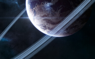  Inhabited planet in deep space. Beautiful cosmic landscape. Science fiction. Elements of this image furnished by NASA