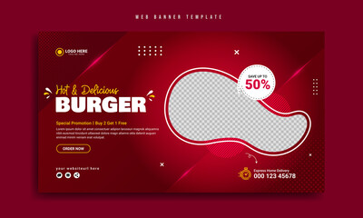 Wall Mural - fast food restaurant web banner template design. healthy burger online sale promotion cover or flyer