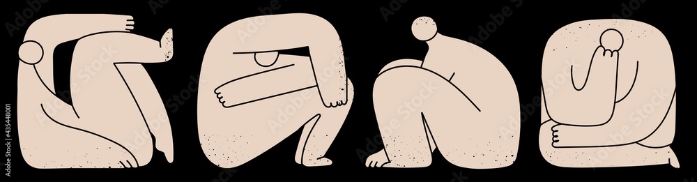 Four abstract strange creatures or people or persons with long arms and small heads. Cute disproportionate isolated characters inscribed in cramped room. Hand drawn Vector illustration - obrazy, fototapety, plakaty 