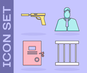 Wall Mural - Set Prison window, Pistol or gun with silencer, Lawsuit paper and Lawyer, attorney, jurist icon. Vector