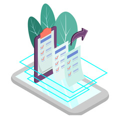 Vector illustration with isometric shapes depicting a gadget or smart phone sending or sharing data, information and documents to recipients for business purposes in shades of green and blue.