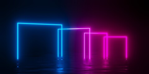 Wall Mural - Multiple modern futuristic abstract blue, red and pink neon glowing light squares gates offset in dark room background with reflective floor
