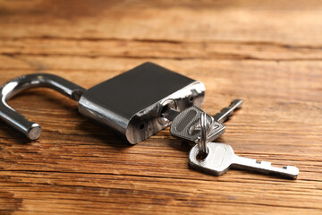 Modern padlock with keys on wooden table, closeup