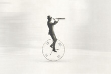 Illustration Of Hurry Classic Businessman Riding An Antique Clock To Get On Time To Work, Time And Space Concept