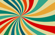 Colorful sunburst background, swirled stripes of blue green red orange and yellow colors on light beige or white background, groovy retro or vintage hippy design in fun pattern, abstract starburst