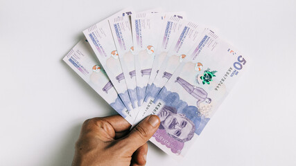 colombian money, fifty thousand pesos on white background