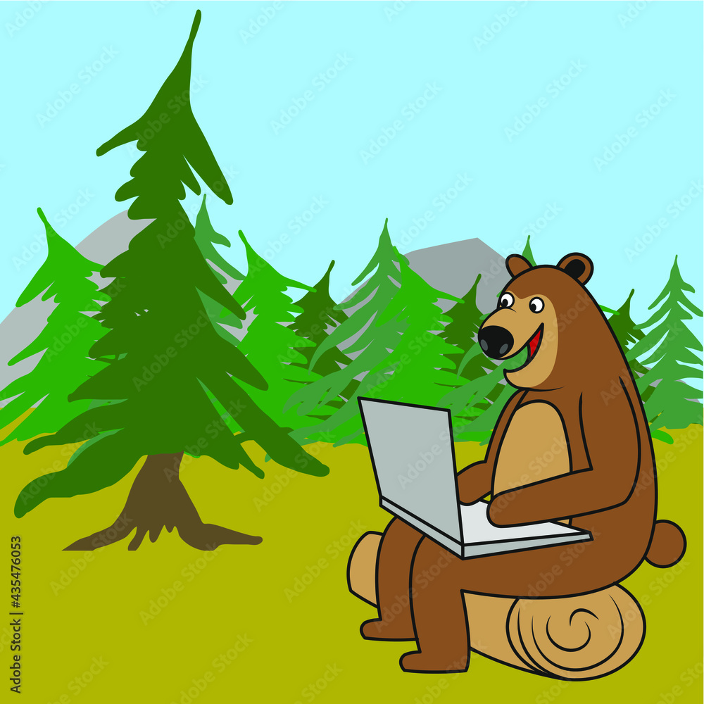 funny brown bear with laptop computer cartoon forest mountains trees ...