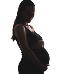 Wall Mural - silhouette portrait of pregnant woman in black dress on white background