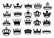Crown icons. Queen king crowns luxury royal crowning princess tiara heraldic winner award jewel royalty monarch black flat silhouette, vector set.
