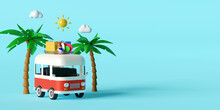 Summer Vacation Concept, Travel To The Beach By Van Carrying Travel Accessories Under Palm Tree On Blue Background, 3d Illustration