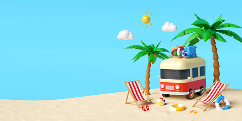 summer vacation concept, travel to the beach by van carrying travel accessories under palm tree with
