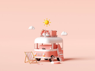 Summer vacation concept, Travel to the beach by van carrying travel accessories on pink background, 3d illustration