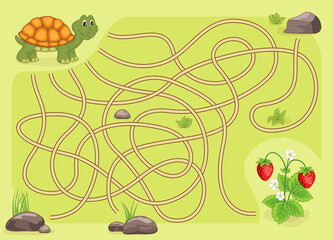 Maze game for kids. Help the little turtle to get to the sweet strawberries. 