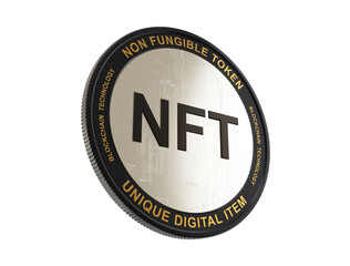 NFT text on metallic coin on white background, non fungible token