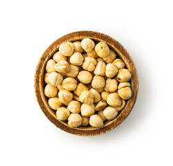 Sticker - Peeled roasted hazelnuts in wooden bowl.