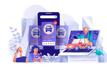 Sticker - taxi booking concept in flat design. woman orders car