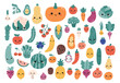 Vector set of kawaii cartoon vegetables and fruits with funny faces. Hand drawn doodle food character for children. Flat style illustration.
