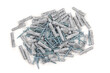 Close-up isolated image of sets of grey plastic dowels plugs and shiny metal self-tapping screws in a heap, on white background. Plastic dowel isolated on a white background.