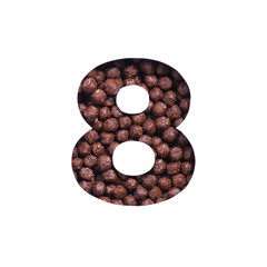 Number eight of nutritional chocolate cereal balls, white cut paper. Eighth numeral. Typeface for healthy products store