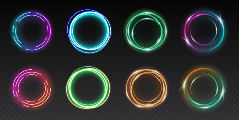 Wall Mural - set of glowing circles, shining rings of colorful gradient light isolated on transparent background