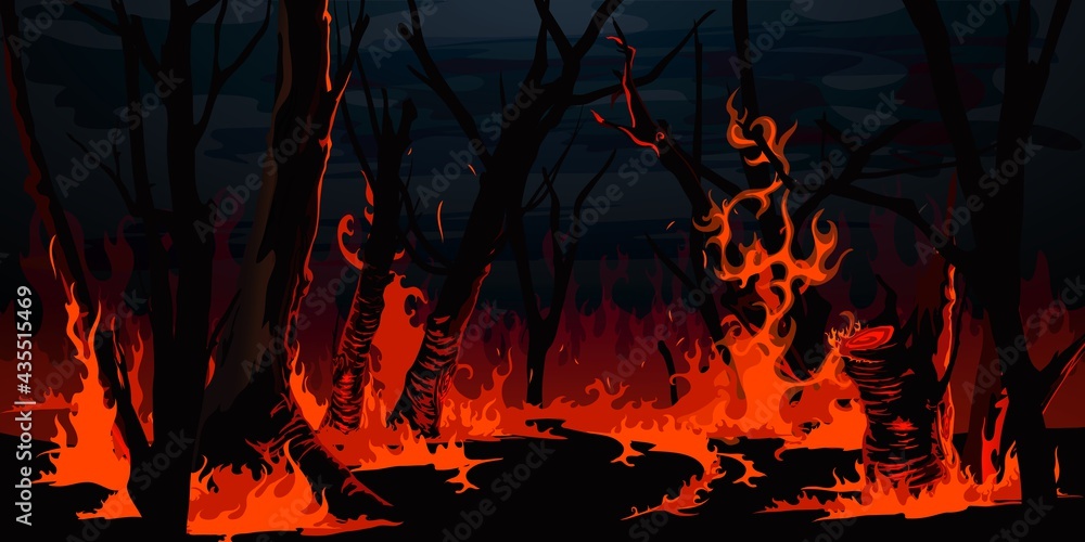 Forest fire, burning trees at night wood. Vector wildfire burnt landscape, nature disaster, ecology catastrophe. Red flame on grass and black tree trunks or branches in forest, environment destruction - obrazy, fototapety, plakaty 