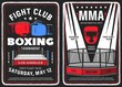 © Vector Tradition - Boxing and mixed martial arts club grunge posters. Boxing ring and gloves, MMA octagon cage and light beams. Fighting club tournament, sport competition retro vector banner or grungy flyer template