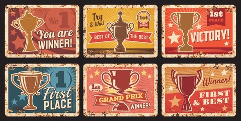 Victory first place metal rusty plates, winner cup award, vector retro posters. Grand prix champion winner 1st place prize, number one gold star trophy, contest victory and best honor medal