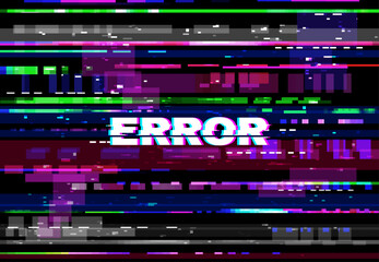Aufkleber - Glitch error screen, VHS video problem, color pixels and lines, noise background. vector no signal glitched error, random pixelized colorful backdrop. Vintage digital distortion, messy noisy pattern