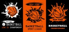Basketball Championship Game Grunge Posters, Sport Competition Vector Flyers. Basketball Players Jumping With Ball, Doing Slam Dunk In Hoop, Black, Orange And White Paint Smudges, Blobs Or Splatters