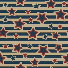 Seamless Repeat Pattern Blue Red Stars Against A Tan Colored Background 4th July And Nautical Theme. Great For Background Wallpaper,  Packaging, Fabric, Invitations And  Graphic Design.