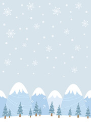 Seamless winter background design with snowcapped mountains, falling snow, and trees. Cartoon style winter landscape illustration. For poster, web banner, greeting cards, etc.